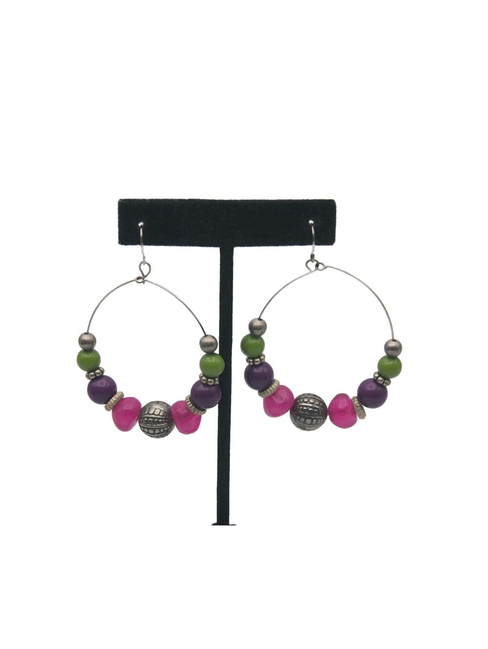 Vintage Silver Tone with Green, Pink, Purple Beads Dangle Earrings.